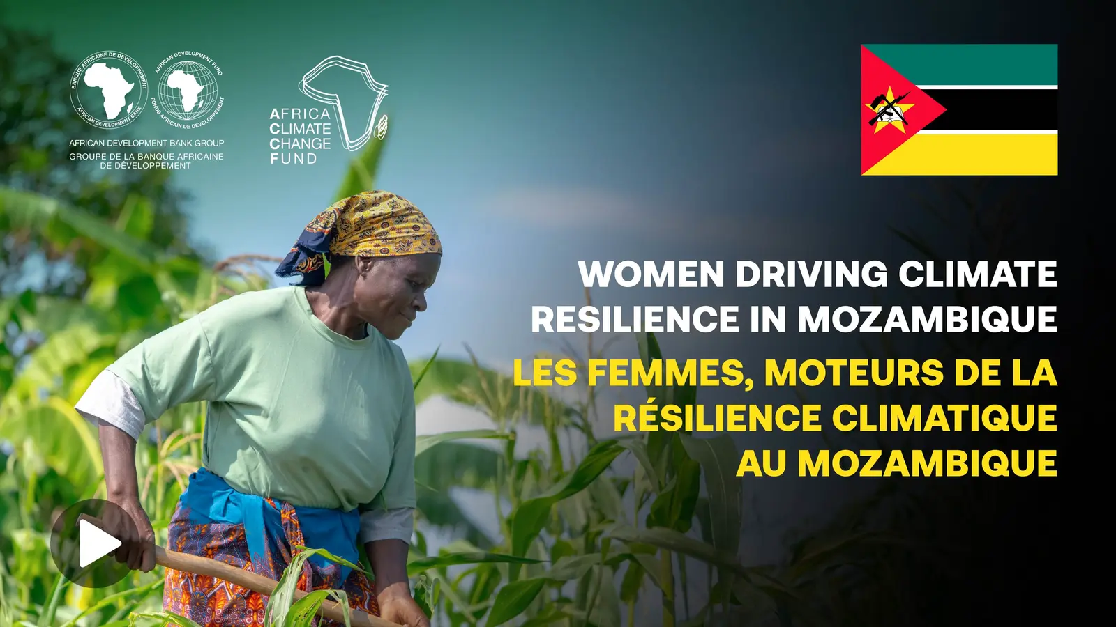 Capa integral do filme Women Driving Climate Resilience in Mozambique, do African Development Bank Group e ACCF